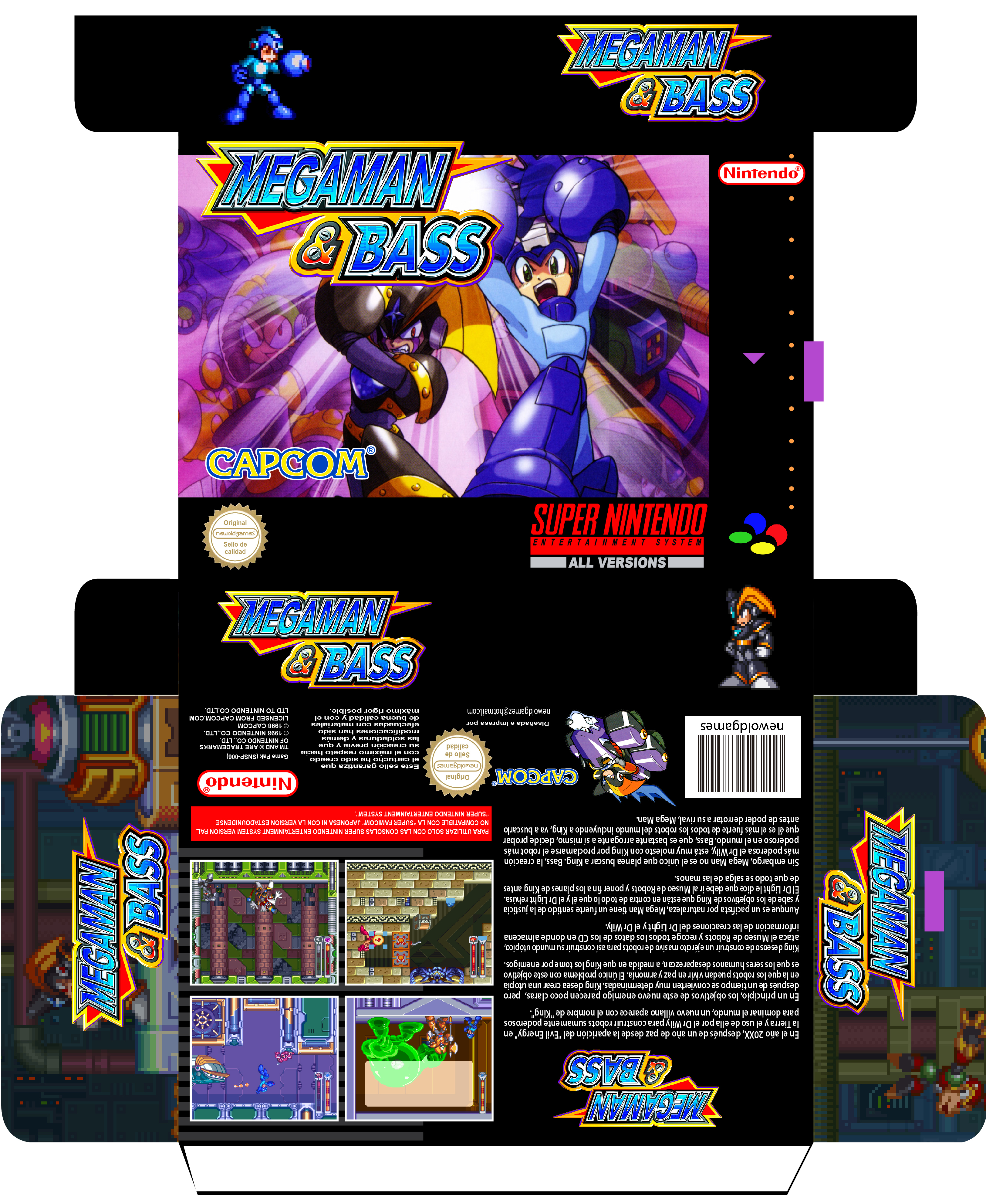 MEGA MAN & BASS CUSTOM ESP SNES SUPER NINTENDO BOX PLANTILLA CAJA RETRO